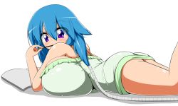 Rule 34 | 1girl, absurdres, ass, bare shoulders, blue hair, book, breasts, chocolate, eating, female focus, gigantic breasts, highres, long hair, long twintails, lying, moralgear, on stomach, original, purple eyes, simple background, solo, thighs, twintails, white background