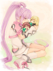 Rule 34 | 1girl, asbel lhant, bad id, bad pixiv id, black eyes, blonde hair, brown hair, character doll, cropped jacket, detached sleeves, doll, gem, hug, long hair, official alternate costume, purple eyes, purple hair, richard (tales), shorts, sitting, solo, sophie (tales), tales of (series), tales of graces, touge78, twintails, very long hair, wariza, white shorts