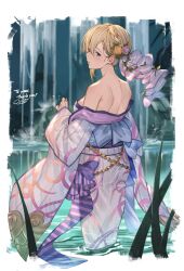 Rule 34 | 1girl, absurdres, anila (granblue fantasy), anila (granblue fantasy) (cosplay), anila (yukata) (granblue fantasy), ayacho, back, backless dress, backless outfit, bare back, bare shoulders, blonde hair, blue eyes, blue ribbon, bow, braid, breasts, commission, cosplay, dress, europa (granblue fantasy), flower, fountain, granblue fantasy, hair flower, hair ornament, highres, japanese clothes, kimono, looking at viewer, looking back, median furrow, medium breasts, obi, off shoulder, open mouth, orange flower, orange rose, partially submerged, print kimono, ribbon, rose, sash, short hair, solo, wide sleeves, yukata