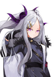 Rule 34 | 1girl, ahoge, bekusi3250, belt, black gloves, blue archive, buttons, child, closed mouth, commentary request, cowboy shot, demon girl, demon horns, double-breasted, flat chest, forehead, fur trim, gloves, grey hair, hair ornament, hairclip, hand up, highres, hina (blue archive), horns, long hair, long sleeves, looking at viewer, parted bangs, purple eyes, simple background, solo, split mouth, very long hair, white background