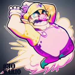 Rule 34 | 1boy, artist name, big nose, character name, cleft chin, facial hair, gloves, green footwear, grin, hat, highres, male focus, mustache, nintendo, overalls, pointy ears, purple overalls, quas-quas, shirt, smile, super smash bros., wario, wario land, white gloves, yellow hat, yellow shirt