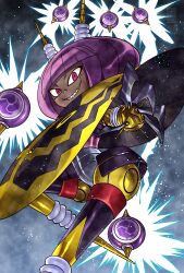Rule 34 | 1girl, black cape, blunt bangs, bob cut, cape, claws, commentary request, dark-skinned female, dark skin, dynatron (mighty no. 9), electricity, foot out of frame, grin, highres, horns, joints, leg up, mighty no. 9, mitsudomoe (shape), no feet, purple hair, reaching, reaching towards viewer, red eyes, robot, robot girl, robot joints, seal impression, sharp teeth, short hair, simple background, smile, solo, takenokonoko, teeth, tomoe (symbol), two-tone cape, very dark skin, yellow cape, yellow horns