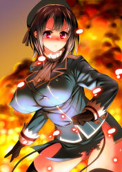 Rule 34 | 10s, 1girl, black hair, black thighhighs, breasts, covered erect nipples, fire, gen (black factory), gloves, hat, highres, kantai collection, large breasts, pink eyes, serious, short hair, skirt, solo, takao (kancolle), thighhighs