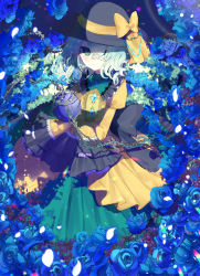 Rule 34 | 1girl, absurdres, adapted costume, black bow, blue flower, blue rose, bow, breasts, commentary request, dress, expressionless, eyeball, flower, frilled sleeves, frills, full body, green eyes, green hair, green skirt, hat, hat bow, hat ribbon, heart, heart of string, highres, juliet sleeves, komeiji koishi, lace, lace-trimmed dress, lace-trimmed sleeves, lace trim, layered dress, long sleeves, looking at viewer, medium breasts, petals, plant, puffy sleeves, ribbon, rose, rose petals, sash, skirt, sleeves past wrists, solo, third eye, thorns, touhou, tsukikusa, vines, wavy hair, wide sleeves, yellow ribbon