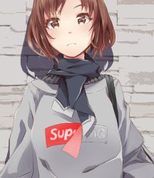 Rule 34 | 1girl, against wall, backpack, bad id, bad twitter id, bag, black scarf, brown eyes, brown hair, commentary, english commentary, fashion, frown, grey shirt, highres, logo, long sleeves, looking at viewer, original, peeling, scarf, shadow, shirt, short hair, solo, stone wall, streetwear, supreme (brand), sweater, upper body, wall, yoshito