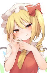 Rule 34 | 1girl, blonde hair, bow, flandre scarlet, hair between eyes, hair bow, hat, head tilt, highres, karasusou nano, licking lips, long hair, looking at viewer, mob cap, naughty face, one side up, penetration gesture, red bow, red eyes, red vest, shirt, simple background, solo, tongue, tongue out, touhou, upper body, vest, white background, white hat, white shirt, wings, yellow neckwear