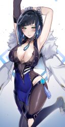 Rule 34 | 1girl, absurdres, armpits, arms up, black gloves, black hair, blue hair, bob cut, bodysuit, breasts, chinese clothes, cleavage, elbow gloves, fingerless gloves, genshin impact, gloves, green eyes, highres, jewelry, large breasts, leather, leather pants, leg up, looking at viewer, multicolored hair, necklace, open mouth, pants, presenting armpit, short hair, smile, solo, standing, standing on one leg, white gloves, yelan (genshin impact), zyrophin