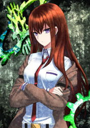Rule 34 | 1girl, belt, breasts, brown coat, brown hair, closed mouth, coat, collared shirt, crossed arms, dress shirt, hair between eyes, kaijin-m, long hair, long sleeves, looking at viewer, makise kurisu, medium breasts, necktie, open clothes, open coat, purple eyes, red necktie, shirt, solo, steins;gate, straight hair, upper body, white belt, white shirt, wing collar