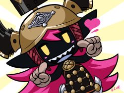 Rule 34 | 1girl, armor, armored dress, artist name, black skin, blush stickers, chibi, colored skin, crown, fake horns, final fantasy, gloves, heart, helmet, horned helmet, horns, jitome, long hair, looking at viewer, open mouth, pink hair, pointing, pointing at self, pointy ears, princess goblin (woff), rcasedrawsstuff, sharp teeth, simple background, sleeveless, smile, solo, sunburst, sunburst background, teeth, upper body, world of final fantasy, yellow eyes