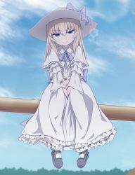 Rule 34 | 10s, 1girl, aged down, black footwear, blue bow, blue eyes, blue ribbon, bow, closed mouth, cloud, cloudy sky, day, dress, giorgio claes, girls und panzer, hat, hat bow, highres, itsumi erika, large bow, layered dress, lens flare, long dress, long hair, looking at viewer, mary janes, outdoors, petticoat, playground, ribbon, shoes, silver hair, sitting, sky, smile, socks, solo, stuffed animal, stuffed rabbit, stuffed toy, sun hat, v arms, white dress, white hat, white socks