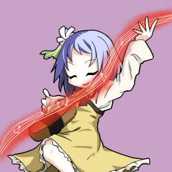 Rule 34 | 1girl, :d, aratami isse, dress, frilled dress, frills, instrument, light purple hair, long sleeves, music, musical note, open mouth, playing instrument, short hair, smile, string, touhou, tsukumo benben
