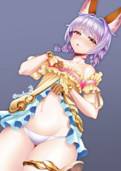 Rule 34 | 1girl, animal ear fluff, animal ears, bare shoulders, blue dress, blush, braid, brown gloves, choker, clothes lift, commentary request, dog ears, dress, dress lift, elin, gloves, hand on own chest, highres, kumehara chiyota, lifted by self, lowleg, lowleg panties, navel, open mouth, panties, purple background, purple eyes, purple hair, shirt, short dress, short hair, simple background, solo, strapless, strapless dress, tera online, thighlet, thighs, twin braids, twintails, underwear, white panties, yellow shirt