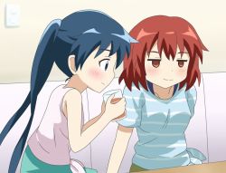 Rule 34 | 2girls, bare shoulders, blue eyes, blue hair, blue shirt, blush, breasts, brown eyes, closed mouth, collarbone, commentary request, couch, cup, drinking glass, green skirt, holding, indoors, inokuma youko, jitome, kin-iro mosaic, komichi aya, looking at another, looking away, medium breasts, multiple girls, pink shirt, red hair, shippo (shishizaru), shirt, skirt, sleeveless, sleeveless shirt, small breasts, striped clothes, striped shirt, table, tied shirt, twintails, upper body