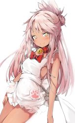 Rule 34 | 1girl, apron, bare arms, bare shoulders, bell, blush, bow, breasts, chloe von einzbern, closed mouth, collar, commentary request, cosplay, dark-skinned female, dark skin, fate/kaleid liner prisma illya, fate (series), frilled apron, frills, hair bun, head tilt, highres, jingle bell, long hair, looking at viewer, naked apron, neck bell, pink hair, red bow, red collar, revision, silver (chenwen), simple background, single hair bun, small breasts, smile, solo, tamamo (fate), tamamo cat (fate), tamamo cat (fate) (cosplay), very long hair, white apron, white background, yellow eyes