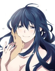 Rule 34 | 00s, 1girl, ahoge, black hair, blue eyes, blush, caogonly, gundam, gundam 00, hand on another&#039;s face, long hair, marina ismail, nude, smile, solo focus, tears, white background