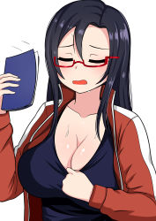 Rule 34 | 1girl, absurdres, alternate hairstyle, black hair, blush, breasts, cleavage, demi-chan wa kataritai, closed eyes, highres, huge breasts, in heat, long hair, motion lines, notebook, open mouth, red-framed eyewear, satou sakie, sportswear, sweat, the only shoe, upper body, white background