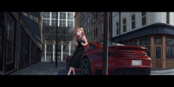 Rule 34 | 1girl, absurdres, arisugawa natsuha, artist request, bag, bare shoulders, black dress, black eyes, building, car, city, commentary request, dress, earrings, eyewear on head, handbag, highres, idolmaster, idolmaster shiny colors, incredibly absurdres, jewelry, letterboxed, long dress, long hair, looking at viewer, motor vehicle, orange hair, porsche, scenery, sleeveless, sleeveless dress, solo, sunglasses, vehicle focus
