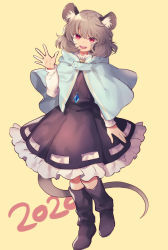 Rule 34 | 1girl, 2020, animal ear fluff, animal ears, black dress, black footwear, blue capelet, boots, capelet, chinese zodiac, collar, commentary request, crossed legs, dress, eyebrows hidden by hair, frilled collar, frilled dress, frills, full body, grey hair, hand up, jewelry, knee boots, long sleeves, looking at viewer, mouse ears, mouse girl, mouse tail, nazrin, open hand, outstretched hand, pendant, popped collar, red eyes, ribbon, ribbon-trimmed dress, rubber boots, shirt, short hair, sidelocks, simple background, smile, solo, spread fingers, tail, teeth, tomobe kinuko, touhou, upper teeth only, watson cross, waving, white ribbon, white shirt, year of the rat, yellow background