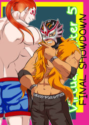 Rule 34 | 2boys, abs, bad id, bad pixiv id, copyright name, dark skin, dark-skinned male, el blaze, elbow pads, facepaint, feather boa, green eyes, looking at viewer, luchador, luchador mask, male focus, mask, mexico, multiple boys, muscular, orange hair, pants, ponytail, red eyes, topless male, shorts, virtua fighter, virtua fighter 5, wolf hawkfield