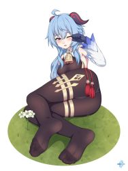 Rule 34 | 1girl, ahoge, artist logo, ass, bell, blue gloves, blue hair, blush, bodysuit, breasts, brown bodysuit, commentary, cowbell, curled horns, detached sleeves, english commentary, feet, flower, full body, ganyu (genshin impact), genshin impact, gloves, goat horns, highres, horns, legs, long hair, lululewd, lying, medium breasts, neck bell, no shoes, on side, one eye closed, open mouth, rubbing eyes, soles, solo, thighs, toes, white sleeves