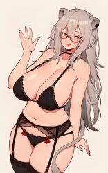 Rule 34 | 1girl, absurdres, ahoge, animal ears, black bra, black panties, blush, bra, breasts, choker, collarbone, commentary, english commentary, glasses, grey eyes, grey hair, hair between eyes, highres, hololive, large breasts, lingerie, lion ears, lion girl, lion tail, long hair, paid reward available, panties, red nails, shishiro botan, smile, solo, tail, thighhighs, thighs, tongue, tongue out, underwear, underwear only, variant set, varniskarnis, virtual youtuber
