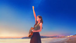Rule 34 | 1girl, acoustic guitar, arm up, bare arms, beach, black hair, blue skirt, blurry, brown eyes, cowboy shot, depth of field, from side, guitar, highres, instrument, lips, long hair, looking to the side, nose, ocean, original, outdoors, parted lips, shirt, signature, skirt, sky, sleeveless, sleeveless shirt, solo, standing, star (sky), starry sky, sunset, town, wayne chan