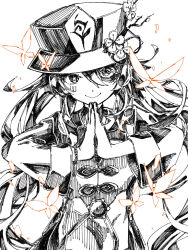 Rule 34 | 1girl, closed mouth, flower, flower-shaped pupils, futamoji, genshin impact, hat, hat flower, hat tassel, hatching (texture), hu tao (genshin impact), long hair, long sleeves, looking at viewer, monochrome, own hands together, sketch, smile, solo, symbol-shaped pupils, twintails, upper body