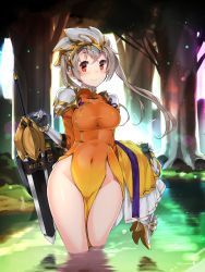 Rule 34 | 1girl, absurdres, armor, artist name, backlighting, blush, breasts, china dress, chinese clothes, covered navel, curvy, dress, female focus, floating hair, flower knight girl, gauntlets, greaves, groin, hair between eyes, helmet, highres, hip focus, holding, holding clothes, kinrenka (flower knight girl), kuro chairo no neko, large breasts, lens flare, light rays, long hair, looking at viewer, nasturtium (flower knight girl), outdoors, pelvic curtain, plant, red eyes, reflection, shield, shoes, unworn shoes, shoulder pads, silver hair, skin tight, skirt, unworn skirt, smile, solo, standing, sunlight, sword, thighs, tree, twintails, wading, walking, water, weapon, wetland, wide hips, wind