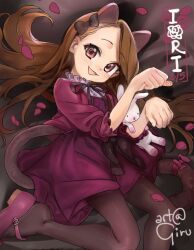 Rule 34 | 1girl, :3, animal ears, black pantyhose, blush, brown hair, cat ears, cat tail, commentary request, dress, girutea, highres, idolmaster, idolmaster (classic), long hair, minase iori, open mouth, pantyhose, paw pose, petals, pink eyes, purple dress, smile, solo, stuffed animal, stuffed rabbit, stuffed toy, tail
