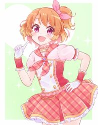 Rule 34 | 1girl, :d, aikatsu!, aikatsu! (series), blush, check (check book), commentary request, dress, frilled sleeves, frills, gloves, green background, hair ribbon, hand on own hip, heart, index finger raised, looking at viewer, neckerchief, ozora akari, open mouth, orange hair, pink ribbon, plaid, plaid neckerchief, plaid neckwear, red dress, red eyes, red neckerchief, ribbon, short hair, short sleeves, side ponytail, smile, solo, sparkle, white gloves, wrist cuffs