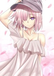 Rule 34 | absurdres, alternate costume, bad id, bad pixiv id, blue eyes, blush, breasts, cleavage, dress, fre/grand order, grey hat, hair over one eye, hat, head tilt, highres, mash kyrielight, matthew kyrielite, pink hair, short hair, smile, solo, standing