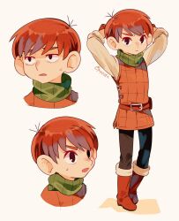 Rule 34 | 1boy, armor, arms up, belt, black eyes, boots, brown footwear, brown hair, chilchuck tims, closed mouth, dungeon meshi, highres, leather armor, long sleeves, male focus, multiple views, neck warmer, open mouth, pants, simple background, standing, sweat, tokuura, twitter username