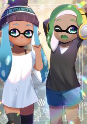 Rule 34 | 2girls, arms behind head, arms up, beanie, black shirt, black thighhighs, blue hair, blue shorts, brown headwear, closed mouth, collarbone, commentary request, commission, dark-skinned female, dark skin, domino mask, fang, green eyes, green hair, hat, headphones, inkling, inkling girl, inkling player character, kou hiyoyo, long sleeves, looking at viewer, mask, multiple girls, nintendo, one eye closed, open mouth, shirt, short shorts, short sleeves, shorts, skeb commission, splatoon (series), standing, tentacle hair, thighhighs, white shirt