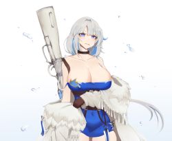 Rule 34 | 1girl, alchemy stars, azure (alchemy stars), bare shoulders, black choker, black gloves, blue background, blue dress, blue eyes, blue hair, breasts, choker, cleavage, coat, collarbone, commentary request, covered navel, cowboy shot, dress, gloves, gradient background, gun, highres, large breasts, long sleeves, looking at viewer, mouth hold, multicolored hair, no headwear, off shoulder, open clothes, open coat, pencil dress, peribobe, rifle, short dress, short hair, solo, standing, strapless, strapless dress, weapon, white background, white coat, white hair
