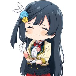 Rule 34 | 1girl, afterschool school idol (love live!), black eyes, black hair, black vest, blouse, blush, bow, bowtie, buttons, collared shirt, cropped jacket, double-breasted, eating, feather hair ornament, feathers, flower, flower on head, food, frilled shirt, frilled skirt, frills, gloves, grey eyes, hair flower, hair ornament, idol clothes, jacket, long hair, love live!, love live! nijigasaki high school idol club, miniskirt, one side up, red bow, red bowtie, red skirt, shirt, skirt, smile, solo, takoyaki, toothpick, totoki86, underbust, vest, white gloves, white shirt, yellow jacket, yuki setsuna (love live!)