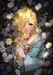Rule 34 | 1girl, artist name, bare shoulders, blonde hair, blush, dress, earrings, falling petals, floral background, flower, green dress, green eyes, hair between eyes, highres, holding, holding staff, jewelry, leaf, light, long hair, looking at viewer, mario (series), nachoz (nachozart), nintendo, one eye covered, petals, rosalina, signature, solo, staff, super mario galaxy, upper body