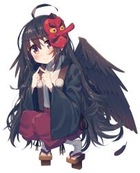 Rule 34 | 1girl, ahoge, bird wings, black hair, blush, feathered wings, feathers, fingers together, geta, hakama, hakama skirt, haori, index fingers together, japanese clothes, light smile, long hair, looking at viewer, mask, mask on head, orange eyes, original, simple background, skirt, solo, squatting, tabi, tengu-geta, tengu mask, very long hair, wagashi928, white background, wings