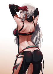 Rule 34 | 1girl, ass, bad id, bad pixiv id, bare shoulders, belt, breasts, butt crack, claws, closed mouth, commentary request, cowboy shot, detached sleeves, dungeon and fighter, earrings, expressionless, from behind, gloves, gradient background, grey hair, half-closed eyes, highres, holding, holding own hair, jewelry, large breasts, long hair, looking afar, pants, red eyes, shoulder blades, sidelocks, simple background, single glove, wavy hair, ydg (eorbsaos1004)