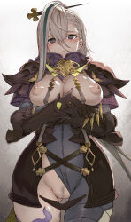 Rule 34 | 1girl, absurdres, armor, asymmetrical clothes, black armor, blush, bodysuit, bodysuit aside, breasts, breasts out, censored, cowboy shot, crossed arms, epaulettes, fate/grand order, fate (series), female pubic hair, gauntlets, gradient background, green hair, grey background, grey bodysuit, grey eyes, hands up, high collar, highres, huyan zhuo (fate), huyan zhuo (second ascension) (fate), large breasts, looking at viewer, mosaic censoring, multicolored hair, nipples, parted lips, pubic hair, pussy, shoulder armor, single pantsleg, solo, straight-on, strap, streaked hair, takahan, thighhighs, variant set, white background, white hair