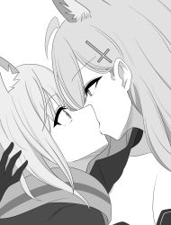 2girls absurdres ahoge animal_ear_fluff animal_ears black_gloves blue_archive cross_hair_ornament dress extra_ears gloves grey_hair hair_ornament highres kiss long_hair monochrome multiple_girls shiroko_(blue_archive) shiroko_terror_(blue_archive) su_gyoza wolf_ears yuri