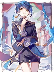 Rule 34 | 1boy, black coat, black shorts, blue hair, blunt ends, book, closed mouth, coat, collar, commentary request, cowboy shot, diagonal bangs, earrings, frilled collar, frilled sleeves, frills, genshin impact, hand up, highres, holding, holding book, jewelry, long sleeves, looking at viewer, male focus, ria wndhi, short hair, shorts, single earring, smile, solo, tassel, tassel earrings, xingqiu (genshin impact), yellow eyes