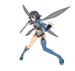 Rule 34 | 10s, 1girl, asymmetrical legwear, black eyes, black gloves, black hair, black shorts, blue footwear, boots, breasts, cleavage, fingerless gloves, gloves, hair between eyes, highres, holding, holding weapon, medium breasts, navel, official art, open mouth, philia (sao), philia (sao-alo), short hair, short shorts, shorts, simple background, solo, sword art online, sword art online: code register, uneven legwear, weapon, white background, wings