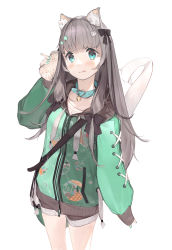 Rule 34 | 1girl, animal ear fluff, animal ears, aqua collar, aqua eyes, aqua nails, bag, bell, black bow, blush, bow, bubble tea, cat girl, cat hair ornament, cat tail, closed mouth, collar, cup, drinking straw, fingernails, green hoodie, green nails, grey hair, hair bow, hair ornament, heart, heart collar, highres, holding, holding cup, hood, hoodie, long hair, nail polish, neck bell, original, simple background, sleeves past wrists, solo, star (symbol), star hair ornament, tail, tongue, tongue out, watarumi, white background, zipper, zipper pull tab