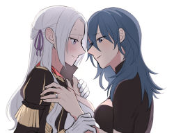 Rule 34 | 2girls, black shirt, blue eyes, blue hair, blush, breasts, byleth (female) (fire emblem), byleth (fire emblem), cleavage cutout, closed mouth, clothing cutout, collared shirt, commentary request, couple, edelgard von hresvelg, embarrassed, face-to-face, fire emblem, fire emblem: three houses, from side, garreg mach monastery uniform, gloves, hair between eyes, hair ribbon, hands on another&#039;s chest, jewelry, long hair, long sleeves, looking at another, multiple girls, nintendo, parted bangs, parted lips, purple eyes, purple ribbon, ribbon, ring, riromomo, shirt, short sleeves, simple background, smile, sweatdrop, uniform, upper body, white background, white gloves, white hair, yuri