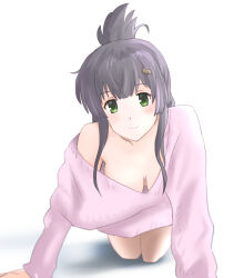Rule 34 | 1girl, all fours, black hair, blush, breasts, closed mouth, downblouse, green eyes, hair ornament, hairclip, hanging breasts, long hair, looking at viewer, loose clothes, medium breasts, no bra, off shoulder, shadow, short ponytail, simple background, single bare shoulder, smile, solo, toji no miko, tweela, white background, yanase mai