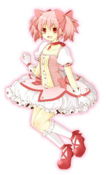 Rule 34 | 10s, 1girl, bad id, bad pixiv id, bow, bubble skirt, choker, dress, frills, full body, gathers, gem, gloves, hair ribbon, kaname madoka, kneehighs, magical girl, mahou shoujo madoka magica, mahou shoujo madoka magica (anime), mary janes, mimiage kurumi, pink hair, puffy sleeves, red eyes, ribbon, shoes, short hair, short twintails, skirt, smile, socks, solo, twintails, white gloves, white socks