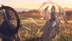 Rule 34 | 1boy, 1girl, armor, arms up, backlighting, bead bracelet, beads, bracelet, brown hair, circlet, dress, field, forest, gown, helmet, jewelry, lens flare, long sleeves, looking at another, mountain, nature, necklace, original, outdoors, sash, shawl, shide, short hair, sky, standing, sunlight, sunrise, tomono rui, wheat field, wide sleeves, wind