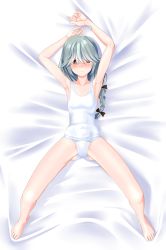 Rule 34 | 1girl, ahoge, armpits, barefoot, black ribbon, braid, brown eyes, commentary request, commission, flat chest, from above, grey hair, hair over eyes, hair ribbon, hamanami (kancolle), highres, kantai collection, long hair, looking at viewer, lying, old school swimsuit, one-piece swimsuit, presenting armpit, ribbon, school swimsuit, single braid, solo, spread legs, swimsuit, takafumi, white one-piece swimsuit