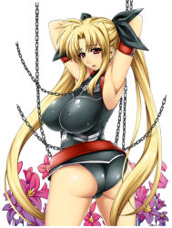 Rule 34 | 00s, armband, armpits, arms behind head, arms up, ass, bad anatomy, bad id, bad pixiv id, belt, blonde hair, blush, breasts, chain, covered erect nipples, fate testarossa, flower, hair ribbon, hotori (sion), huge breasts, long hair, lyrical nanoha, mahou shoujo lyrical nanoha, mahou shoujo lyrical nanoha strikers, red eyes, ribbon, solo, twintails, very long hair