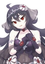 Rule 34 | 1girl, ahoge, bare shoulders, black gloves, black hair, choker, collarbone, covered navel, gloves, hair between eyes, highres, ilya (princess connect!), llya (ceremonial) (princess connect!), long hair, looking at viewer, open mouth, princess connect!, raru (bnnon42), red eyes, solo, upper body, veil, very long hair